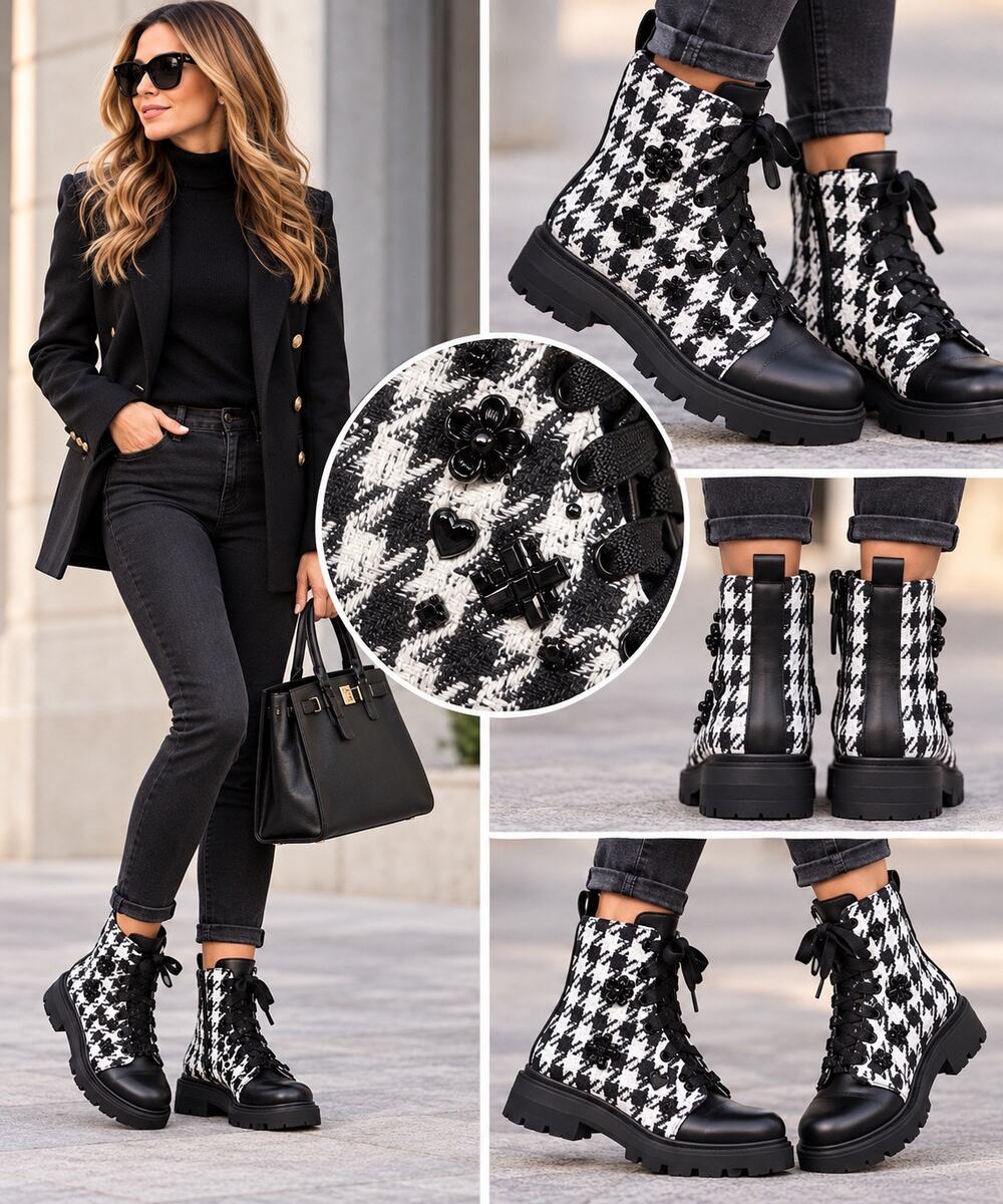 Karl Lagerfeld Paris Makenzie Lace Up Combat Boots Blk/Wht Houndstooth Sz 5 NWB